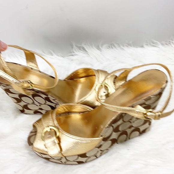 Coach Gold Maxina Sling back Wedge Monogram sandals 9b - Picture 8 of 13